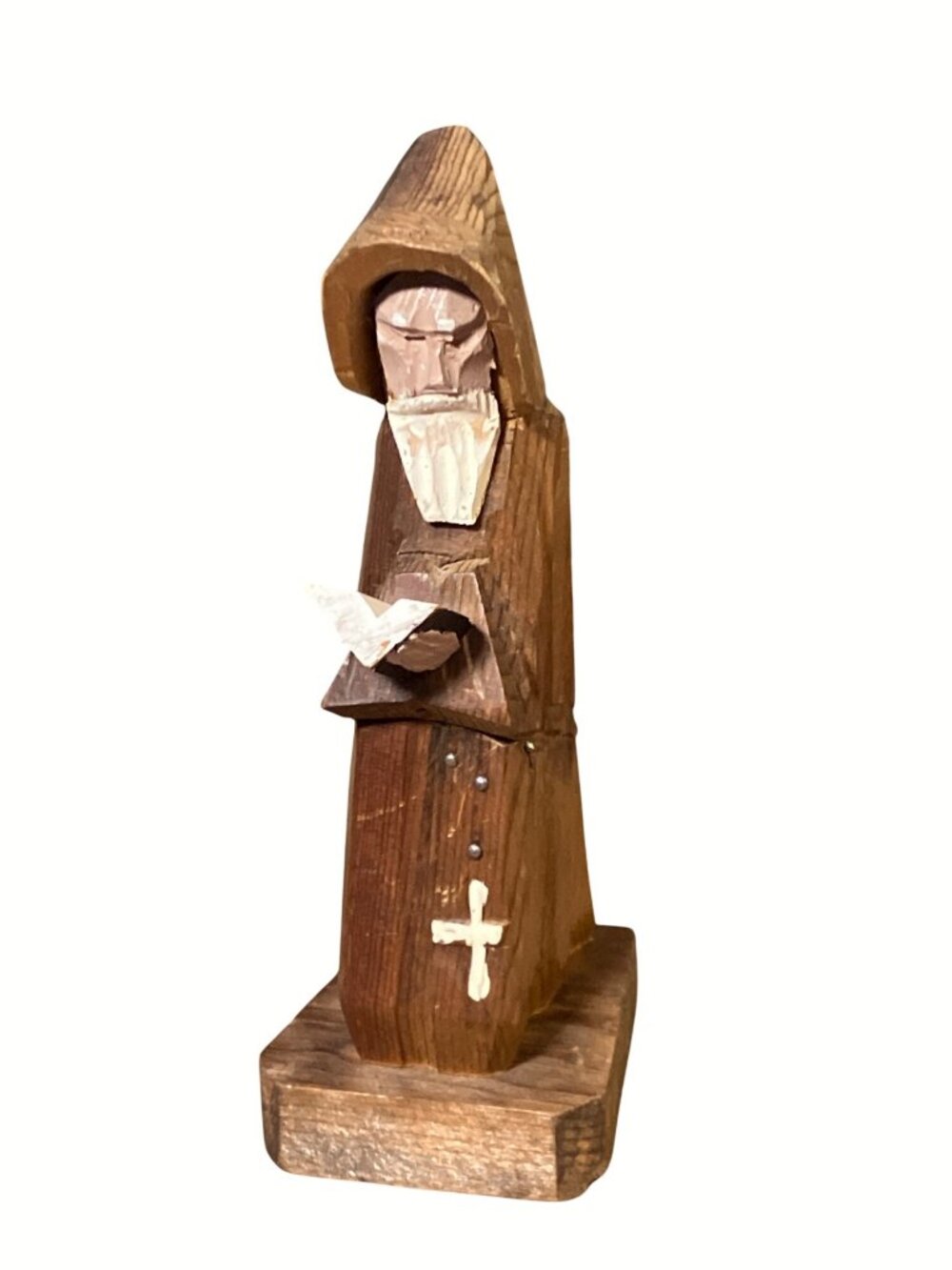 Hand Carved Wooden Monk Priest Figurine Painted Details Rustic Religious Decor